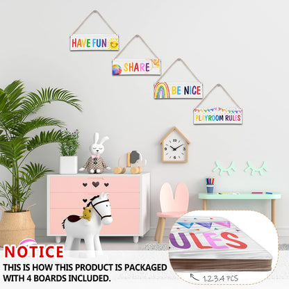 4 Pieces Playroom Decor Kids Room Wall Decor Wooden Sign - Rainbow Theme Motivational Wall Art For Kids Room Nursery Classroom - Playroom Rules Be Nice Share Have Fun(Sign-12)