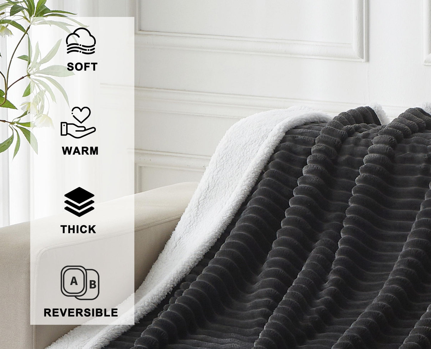 COZYXWORLD 520GSM Heavyweight Sherpa Fleece Blanket 60x80 Inches, Double-Layered Striped Throw for Couch and Sofa, Extra Thick Warm Bed Blanket, Oeko-TEX Certified, Dark Grey
