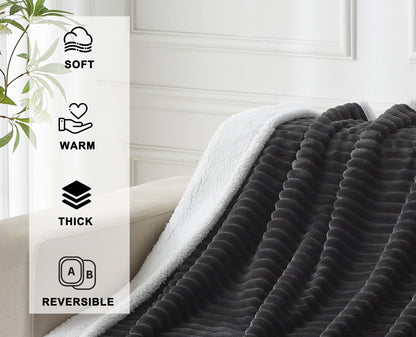 COZYXWORLD 520GSM Heavyweight Sherpa Fleece Blanket 60x80 Inches, Double-Layered Striped Throw for Couch and Sofa, Extra Thick Warm Bed Blanket, Oeko-TEX Certified, Dark Grey