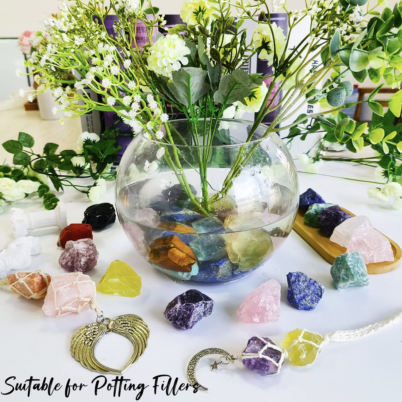 ZHIYUXI 2" Amethyst Rose Quartz Clear Quartz Fluorite Raw Crystals and Stones 4Pcs Crystals Bulk Real Huge Rocks for Tumbling Witchcraft Wrapping Fountain Rocks Cabbing Room Decor