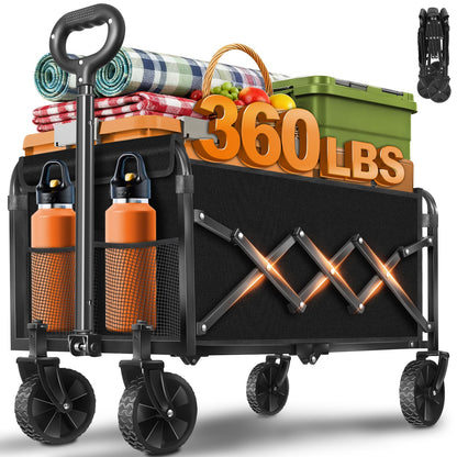 Collapsible Wagon Cart Foldable, 360lbs Portable Folding Wagon with Wheels, Foldable Wagon Carts Utility for Camping, Beach, Grocery, Shopping, Sports, Garden(Classic Black)