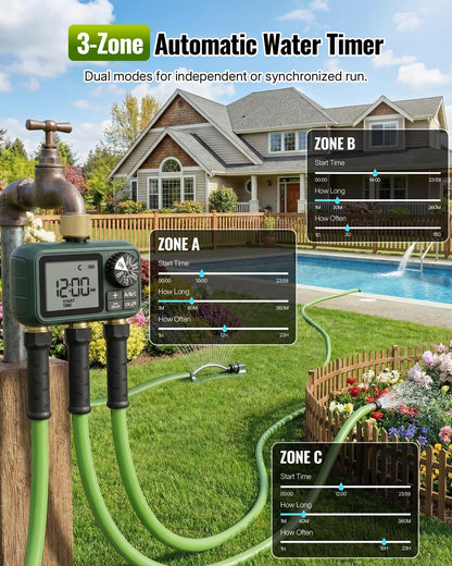 WILAWELS Brass Sprinkler Timer with Swivel, Programmable Water Timer for Garden Hose with Auto/Manual/Rain Delay Watering, Digital Irrigation System Kit,for Garden, Yard, Lawn 3 Outlet F13WT06