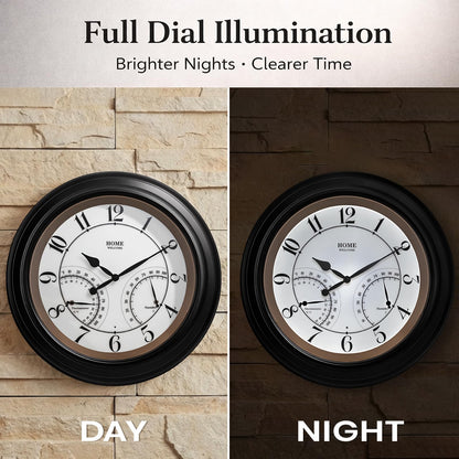 Pytha Sight 24 Inch Outdoor Clocks Waterproof, Large Easy-to-Read Illuminated Outdoor Wall Clock with Smart Light Sensor, Silent Large Outdoor Clock for Patio, Pool,Porch,Garden,Backyard
