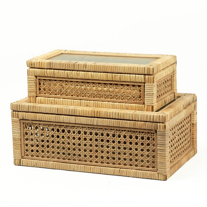 BOMINGHOME Rattan Display Box for Home Decor with Lid - Rectangular Coastal Bohemian Style Stackable Decorative Storage Box Set - Handmade from Natural Rattan, Cedar & Real Glass