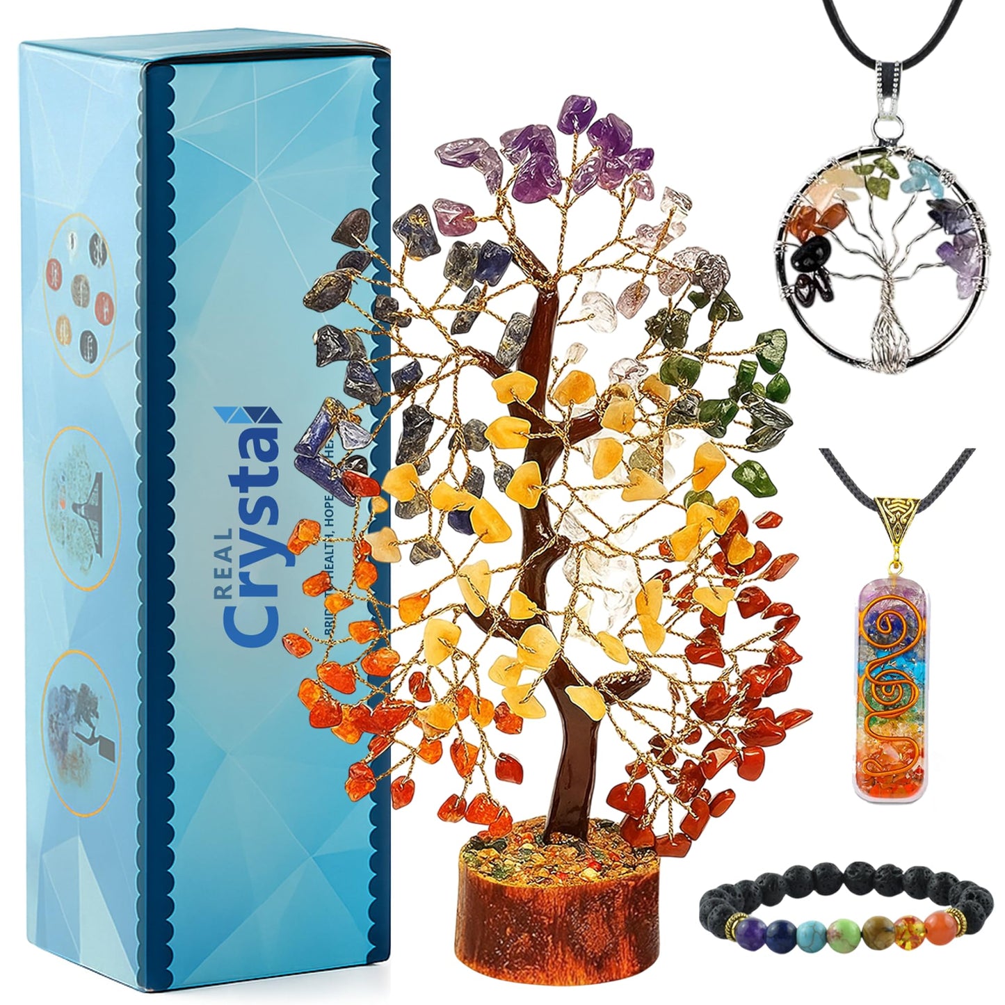 7 Chakra Healing Crystal Gift Set - Premium 300-Bead Gemstone Money Tree, Protection Bracelet & 2 Pendant Necklaces - Complete Feng Shui Meditation Kit for Home Decor, Good Luck & Spiritual Healing