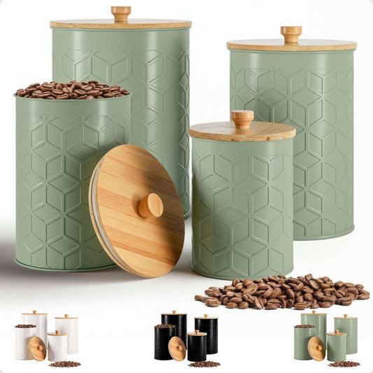 Kitchen Canisters for Countertop Set of 4 - Textured Iron Kitchen Canisters with Airtight Lids - Flour Sugar Canister Set - Flour and Sugar Containers Farmhouse - Coffee Jar for Counter - Sage Jar x4