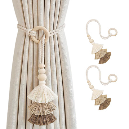 SRG Rope Curtain Tiebacks with Tassel Boho 2 PCS Handmade Wooden Ring Curtain Tie Backs Accessories Wall Decoration Drapery Curtain Holdbacks for Bedroom Window