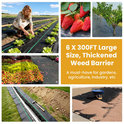 6FT x 300FT Weed Barrier Fabric, 3.2oz Landscape Fabric, Premium Weed Barrier Fabric Heavy Duty with 20 U-Shaped Securing Pegs for Greenhouse Floors, Flower Bed, French Drain, Construction Project