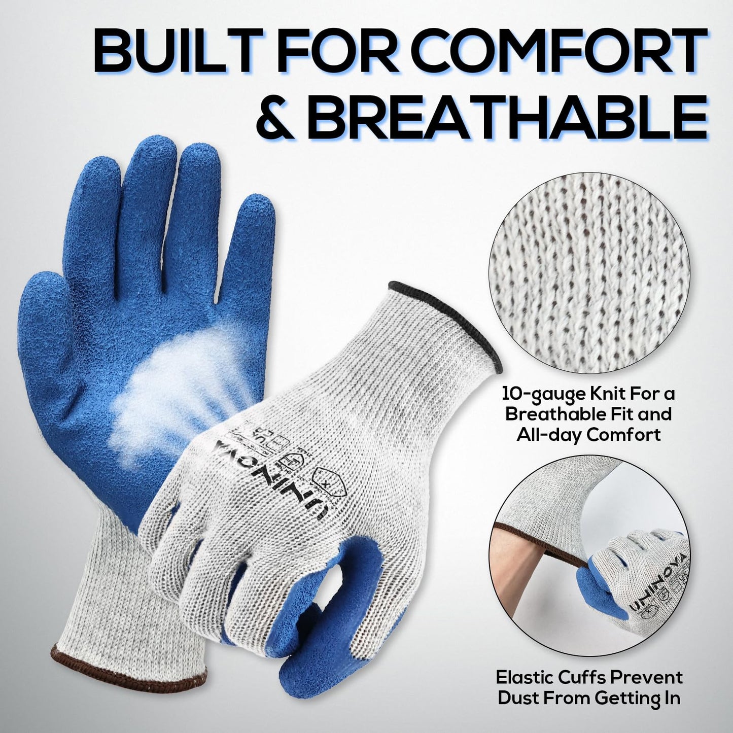 UNINOVA Work Gloves, Crinkle Rubber Latex Palm Coating, Safety Work Gloves with Grip, Non-slip Bulk for Men Women, Construction Warehouse General Handling(Large,12Pairs)