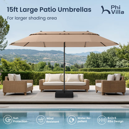 PHI VILLA 15ft Large Patio Umbrellas with Base Included, 2-Tier Outdoor Double-Sided Rectangle Market Umbrella with Stand, Outside Umbrellas for Poolside Lawn Backyard, Beige