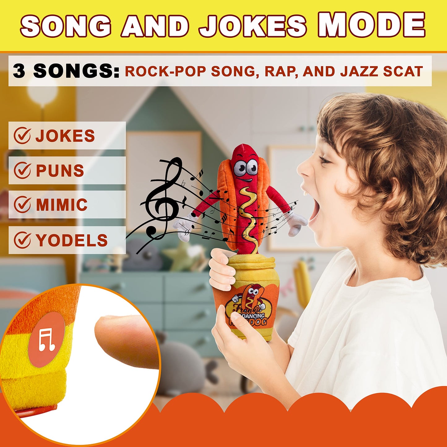 Gagster Hot Dog Dancing Toy Plush - Mimicking Toy For Kids - That Tells Jokes & Can Repeat What You Say, Dancing Talking Singing Yodeling – Baby Toy Funny Gift for Kids Toddlers & Adults Fun Gag Gifts