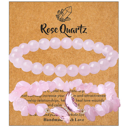 DUQGUHO 2Pcs Rose Quartz Butterfly Bracelets for Women, Pink, Cute Butterfly Charm, Healing Crystals, Crystal Gifts