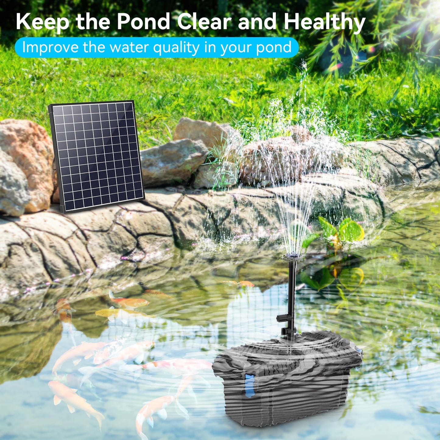 POPOSOAP 25W Solar Water Pump with Pond Filter, Solar Pond Filter with Pond Pump Water Flow Adjustable, Pond Filter with PVC Tubing for Outdoor Ponds Fish Tank Waterfall Garden Water Features P3253