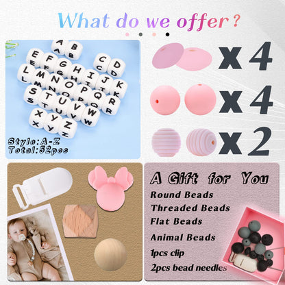 Anourney Personalized Pacifier Clip for Boys and Girls, 2 Sets of 26 Letters DIY Silicone Stroller Clip with Name,Cute and Durable Pacifier Holder Soother Chew Toy,Unique for Newborn Gift