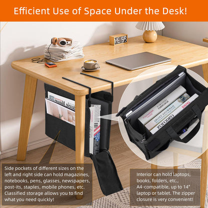 MASTLU Under Desk Hanging Storage Bag, Desk Organizer Storage, Office Side Storage Bag, Compatible with A4 Files, Detachable Handle Design, No Assembly Required, For Office Home School (Black)
