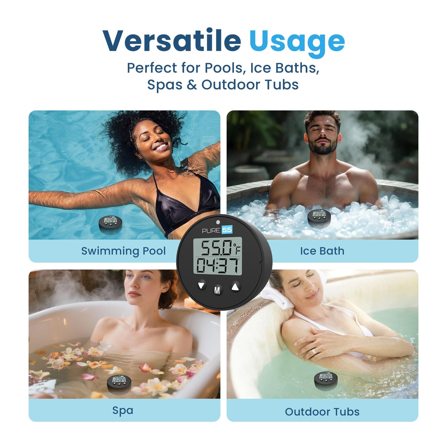 Pure55 PlungeGauge 3-in-1 Cold Plunge Thermometer with Clock & Timer - Ice Bath Water Thermometer with Easy 3-Button Control - Floating Design & IPX7 Waterproof with Audible Beep & LED Indicators
