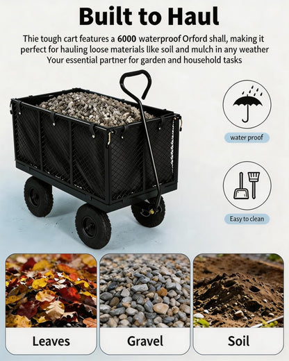 GarveeTech 800LBS Heavy Duty Steel Garden Cart, Garden Wagon Cart on Wheels, Metal Yard Utility Wagon with Removable Mesh Sides, 10" All Terrain Tires, 180° Rotating Handle for Lawn, Garden, Farm