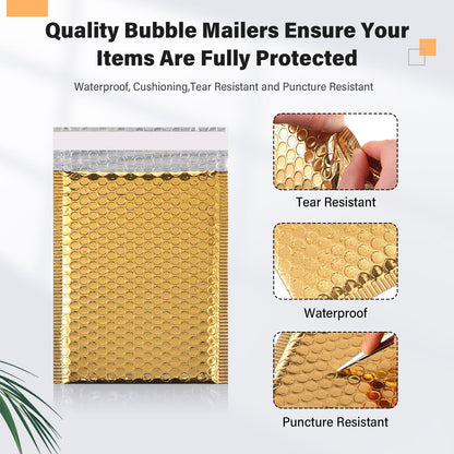 Yeyeplum 100 Pack Valentine's Day Gift Wrapping Bubble Mailers 3 Sizes Metallic Bubble Envelopes Waterproof Self Sealing Bags for Spring Back to School Packing Small Business(Gold,Metallic)
