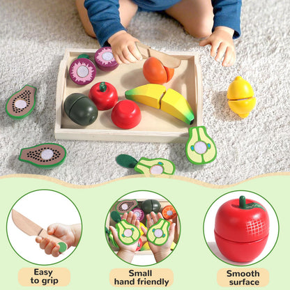 Fajiabao Wooden Play Food for Kids Kitchen Montessori Toys for 2 Year Old Girls & Boys Wood Cutting Fruit Set with Tray Fine Motor Skills Educational Toddler Gifts 2 3 4 5 6