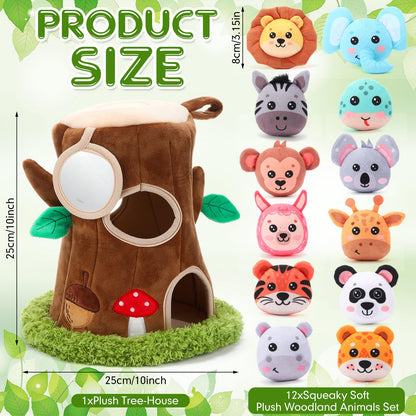 Arrowbash 13 Pcs Plush Animal Tree House Toy for Babies 6-24 Months, Hide and Seek Sensory Toy, Montessori Toddler Learning Toys, Soft Stuffed Animal Playset, Baby Development Toys Gift for Boys Girls