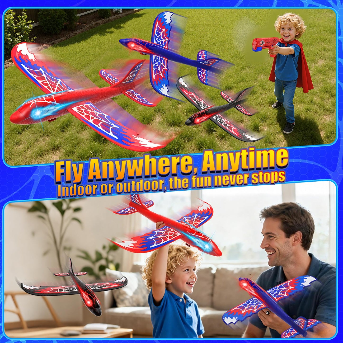 Cool Airplane Launcher Toy with Glowing Eyes & Web-Pattern Wings,2 Flight Modes Outdoor Games for Kids,Boys Toys Age 3-12,Birthday Gifts for 3 4 5 6 7 8 9 10 11 12 Year Old,Kids Gift(Red&Blue&Black)