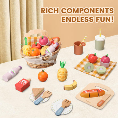 Pithfor Picnic Playset, Wooden Play Food Set for Kids Kitchen, Cutting Pretend Play Kitchen Food Toy for Toddlers Girls Boys 3 4 5 Years Old