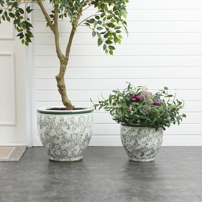 LuxenHome 11.4" Dia Round Ceramic Plant Pots with Floral Pattern, Green and White Large planters for Indoor Outdoor Plants with Drainage Hole, Decorative Flower Pot for Home Garden Patio