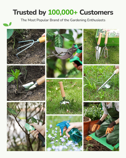 Grenebo All-in-One Garden Tool Set, 11-Piece Heavy Duty Gardening Tools with Ergonomic Canvas Shoulder Crossbody Bag, Rust-Proof Premium Garden Tool Kit, Gardening Gift for Women Men, Green, GR003