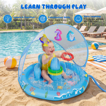 Verdenu Baby Splash Pad with Canopy, Baby Play Mat with Sprinkler, Toddler Splash Sprinkler Pad with Backrest & Stackable Rings, Summer Outdoor Water Play Toys for Boys Girls