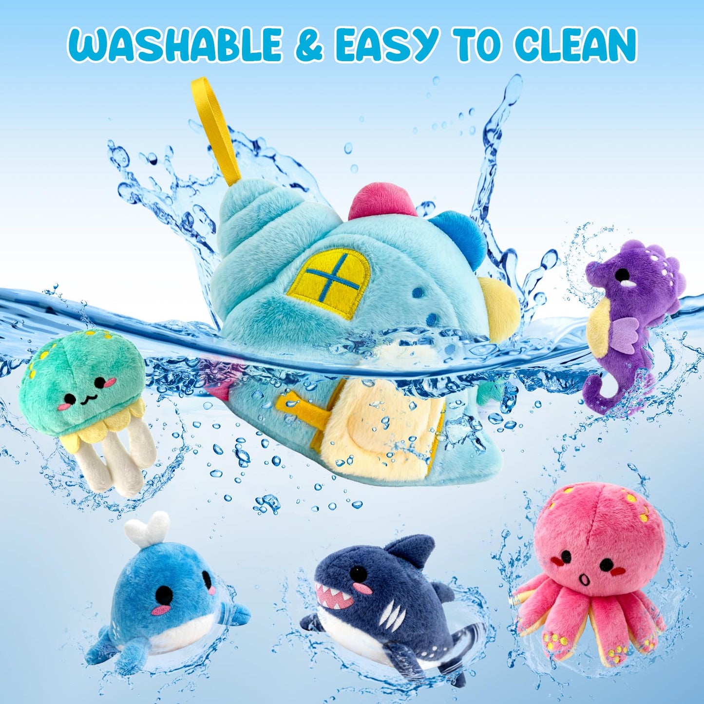 pamexin Baby Toys 6-12 Months, Ocean Stuffed Animals Set with 1 Conch House and 5 Sea Creatures, Rattle, Lanyard, Mirror, Montessori Toys for 6+ Month Old, Gifts for Babies Grandkids