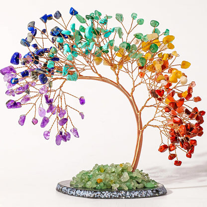 Runyangshi Natural Crystal Seven Chakras Agate Slice Tree of Life Natural Crystal Healing Stones Gemstone Trees Fengshui Good Luck Positive Energy Home Decor