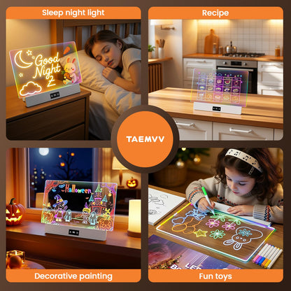 TAEMVV LED Drawing Board for Kids, 16-Inch Rechargeable Light Up Dry Erase Board with 8 Colors, 3 Dynamic Modes, 6-Level Dimmer, 15H Battery, Built-in Stand & Full Kit Clear Milky White