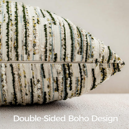 a moment Boho Throw Pillow Covers Set of 2,Striped Decorative Rustic Farmhouse Pillow Cases,Aesthetic Modern Home Decor Couch Cushion Covers for Bed Sofa Living Room 20"X20" Moss Green