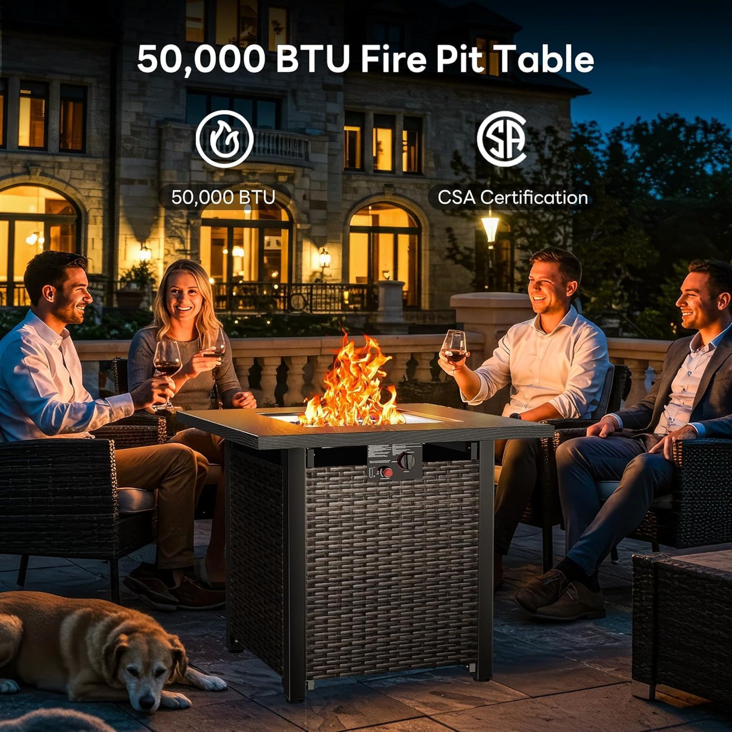 28 Inch Outdoor Propane Fire Pit Table, 50000 BTU Square Rattan Propane Fire Pit with Steel Tabletop & Removable Lid, 4-in-1 Gas FirePit Table with Glass Stones for Patio, Backyard