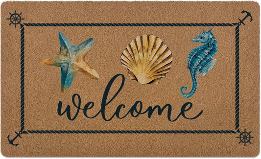 yueyaer Beach Welcome Door Mat, Starfish Seashell Seahorse Beachy Front Indoor Outdoor Entrance Non Slip Artificial Coir Doormat, Funny Artificial Coir for Patio Entry Beach House Decor,17X30in