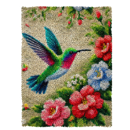 MIAOLLUN Hummingbird Flower Latch Hook Kits for Adults Beginner, DIY Bird Pre-Printed Canvas Rug Cushion Making Craft Embroidery Crochet Yarn Kit 52X38cm