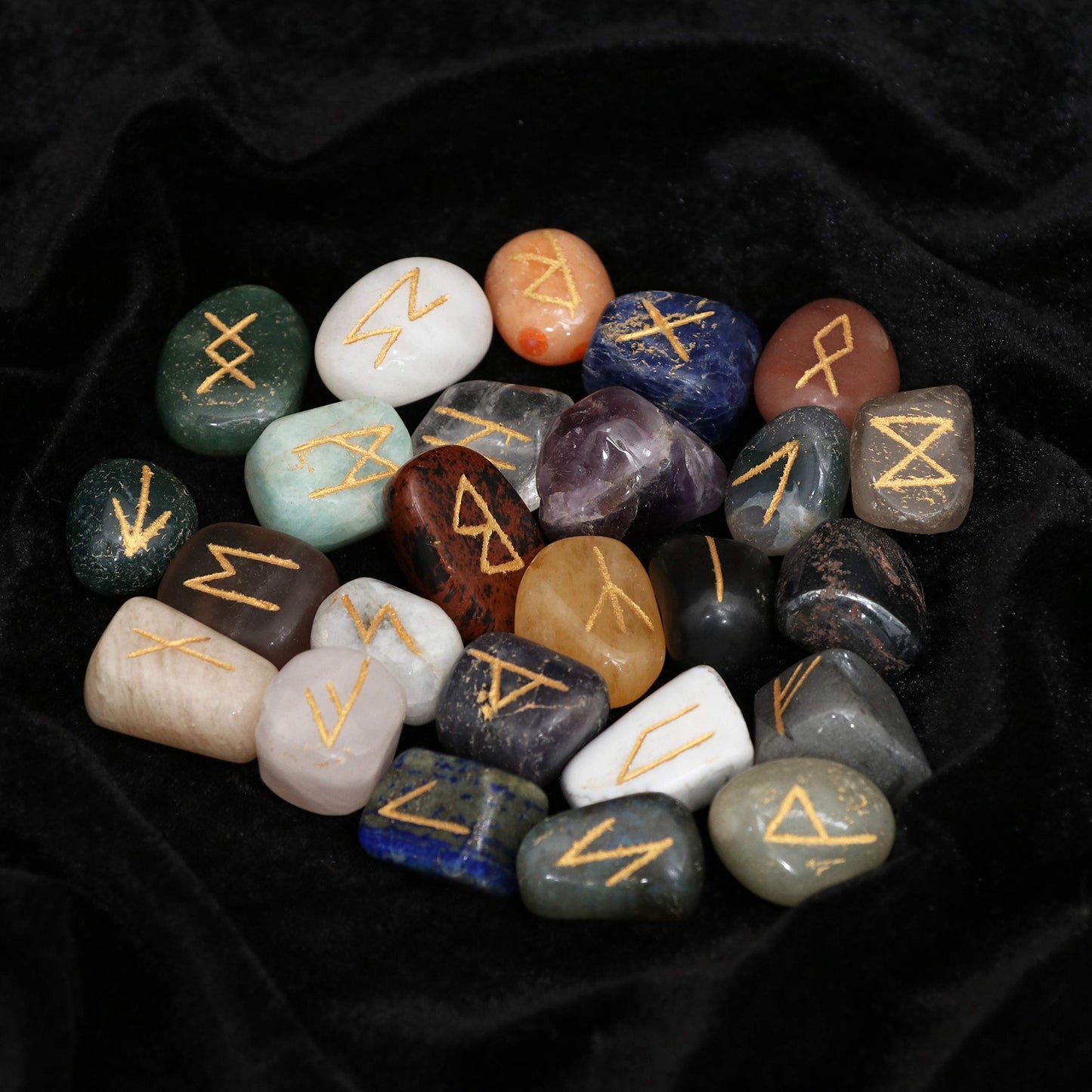 Crocon Mix Chakra Rune Tumble Shape Gemstone Rune with Elder Futhark Alphabet Engraved | 25 pcs Runes Set | Crystal Divination Healing Chakra Reiki | with a Pouch| Size : 25-30 mm