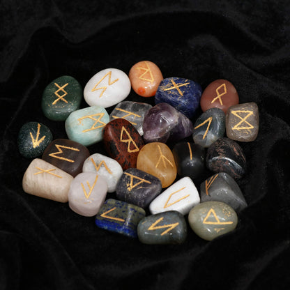Crocon Mix Chakra Rune Tumble Shape Gemstone Rune with Elder Futhark Alphabet Engraved | 25 pcs Runes Set | Crystal Divination Healing Chakra Reiki | with a Pouch| Size : 25-30 mm