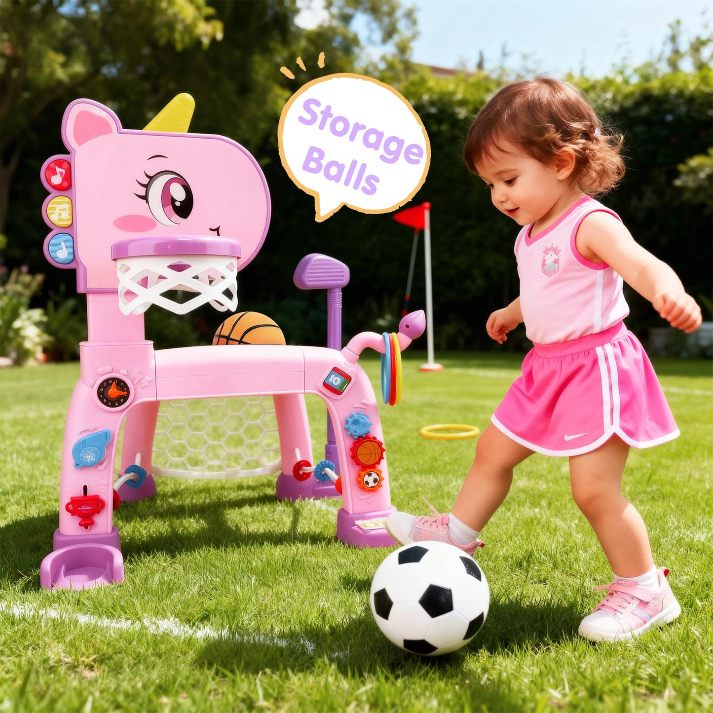 Toddler Basketball Hoop & Soccer Goal Activity Center with Golf Ring Toss, 4 In 1 Toddler Sport Toy with Light & Bilingual Music, Montessori Toy for 1 Year Old Girl Gift (24.2''-27.6'' H)