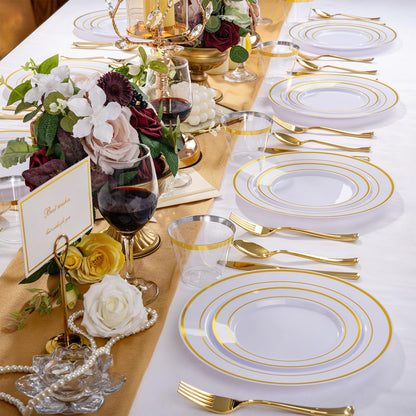 WELLIFE 600 PCS Gold & White Disposable Dinnerware Set for 100 Guests — White Plastic Plates with Gold Rim, Dinner & Salad Plates, Cups, Forks, Knives & Spoons for Weddings & Elegant Events