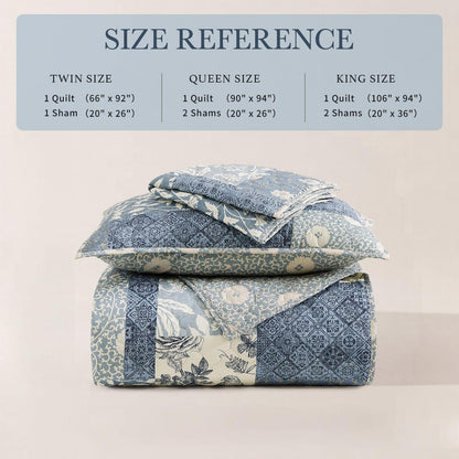 CASAAGUSTO Queen Quilt Set - 3 Pieces Patchwork Blue Quilt Bedding Set, Lightweight Queen Bedspread Coverlet, Reversible Floral Bed Cover for All Seasons (90"x94", 1 Quilt + 2 Pillow Shams)