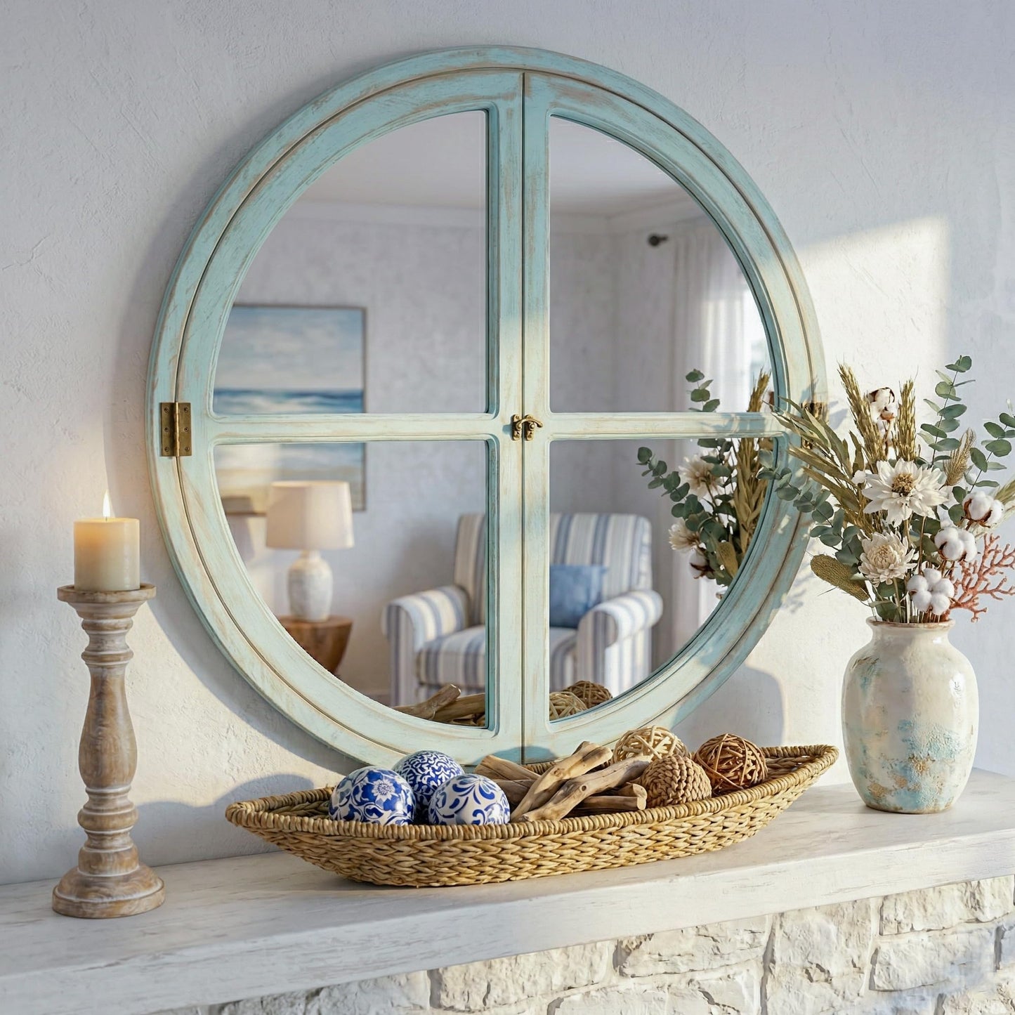 Pocetry 30" Round Window Mirror, Solid Wood Faux Windowpanes Wall Decor with Shatterproof Glass, Distressed Teal Coastal Farmhouse Accent Mirror for Entryway, Living Room, or Dining Room