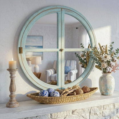 Pocetry 30" Round Window Mirror, Solid Wood Faux Windowpanes Wall Decor with Shatterproof Glass, Distressed Teal Coastal Farmhouse Accent Mirror for Entryway, Living Room, or Dining Room