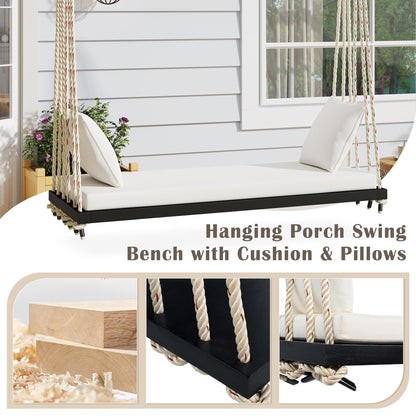 Merax Outdoor Patio Wooden Swing Chair, 2-Seat Hanging Porch Hammock Bench with Cushion & Pillows, 10.8Ft Hemp Ropes for Garden, Backyard, Lawn, Black