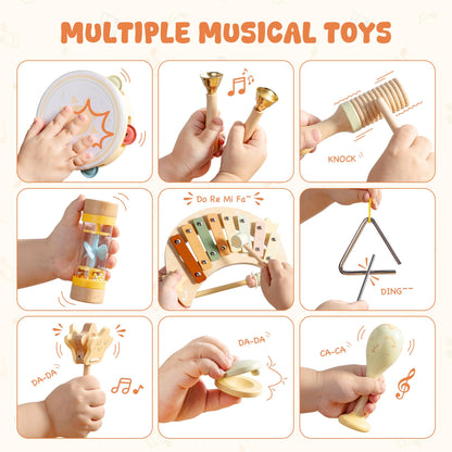 ROBUD Toddler Musical Instruments, Montessori Wooden Baby Musical Toys, Neutral Colors Musical Toys for Toddlers 1-3, Educational Percussion Set, for Boys and Girls(Star and Moon Theme)