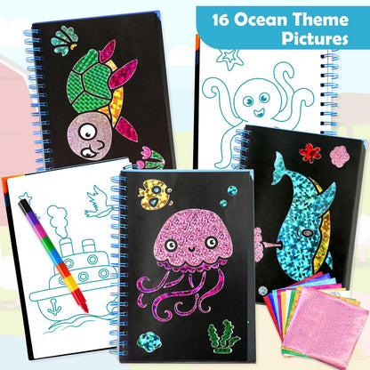FUNNYB&G Foil Art Craft Kit for Girls 4-10 Years Old: Mess-Free & No-Glue, Create 16 Sparkly Ocean Pictures – Perfect Travel Toy & Birthday Gift for Kids (Ocean)
