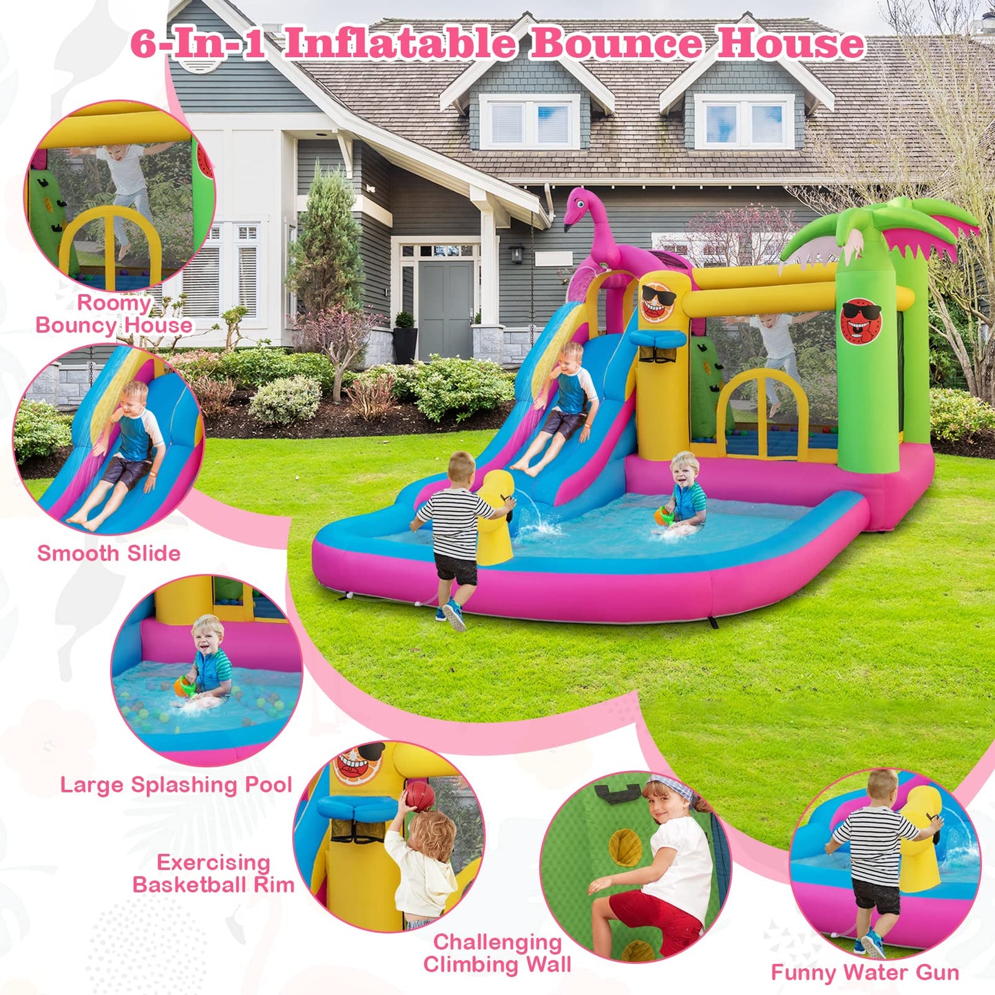 HONEY JOY Inflatable Water Slide, Giant Water Bounce House Park w/Climbing Wall & Splash Pool, Outdoor Blow up Water Slides Inflatables for Kids and Adults Backyard(with 735w Blower)