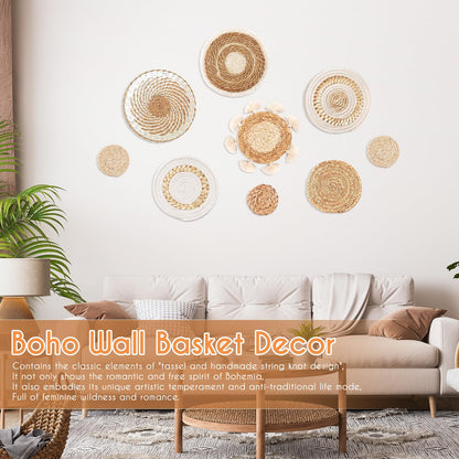 9PCS Boho Wall Baskets Set, Seagrass Rattan Wicker Basket Set, Round Handmade Hanging Basket Decor for Farmhouse Living Room Bedroom Display Table Kitchen Home