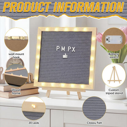 wearage 10x 10 Inch Changeable Felt Letter Board with LED Lights, Message Custom Felt Letter Board with Wooden Stand and 340 Letters for Pregnancy Announcement Classroom Decor Poster (Grey）