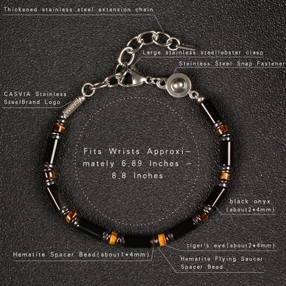 Casvia Men's Black Onyx Hematite Tiger Eye Chakra Beaded Gemstone Bracelet, Handmade Adjustable Dual Clasp 6.89-8.8 Inches, Comfort Fit Everyday Wear, Ideal Gift for Him